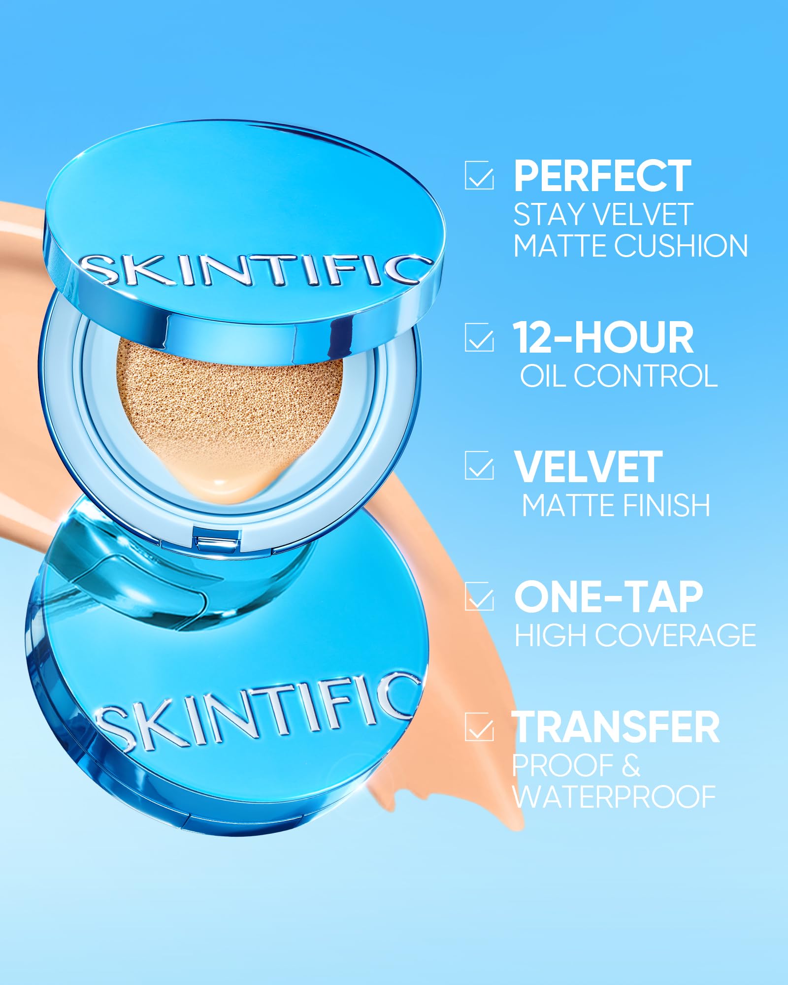 SKINTIFIC Velvet Matte Cushion Foundation Blue #01 Vanilla | Full Coverage, 12H Oil Control, Waterproof