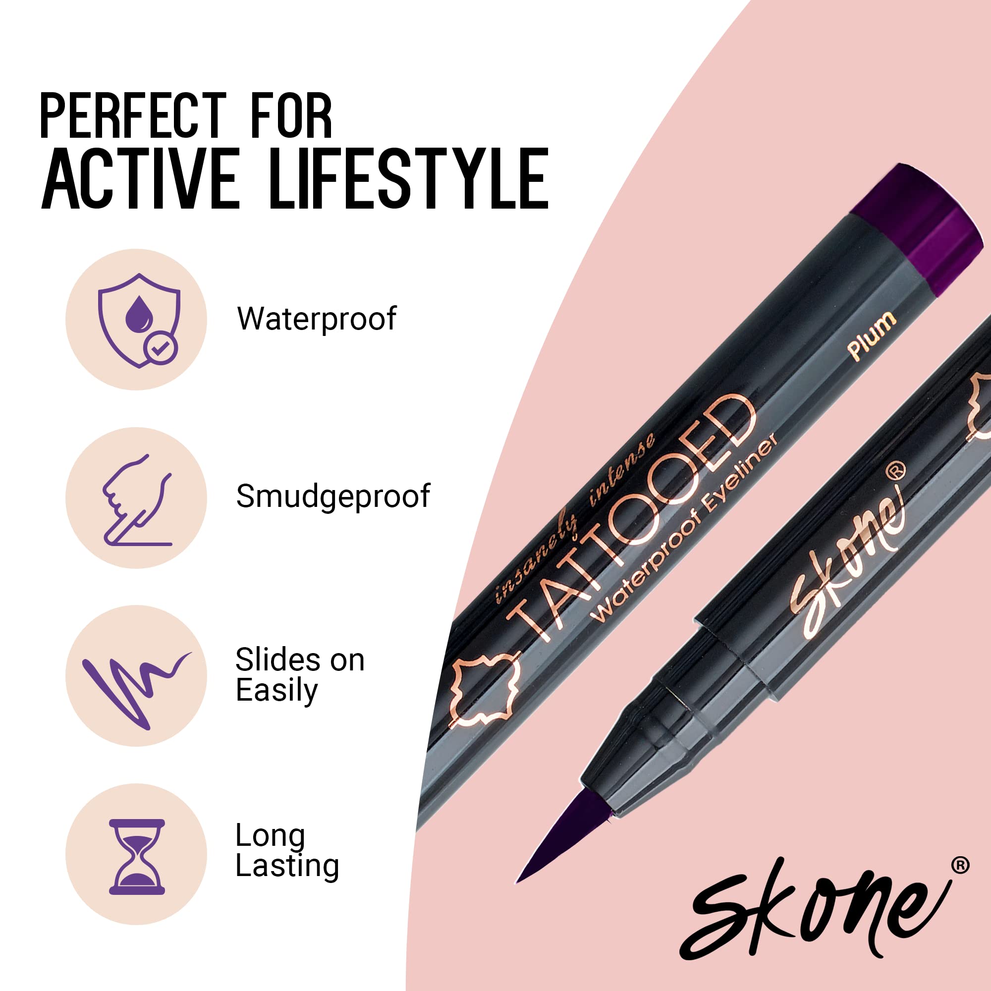 Skone Insanely Intense Tattooed Eyeliner Pen – Waterproof, Smudge-Proof Felt Tip in Plum Black (0.07oz)