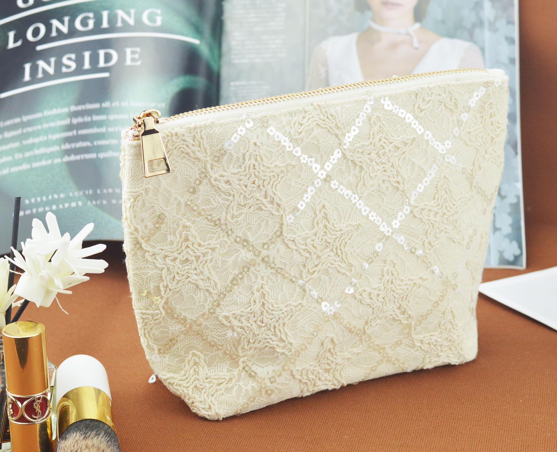 Sliimagetu Canvas Cosmetic Bag - Handmade Linen Makeup Pouch with Lace Embroidery | Large Capacity Boho Travel Organizer