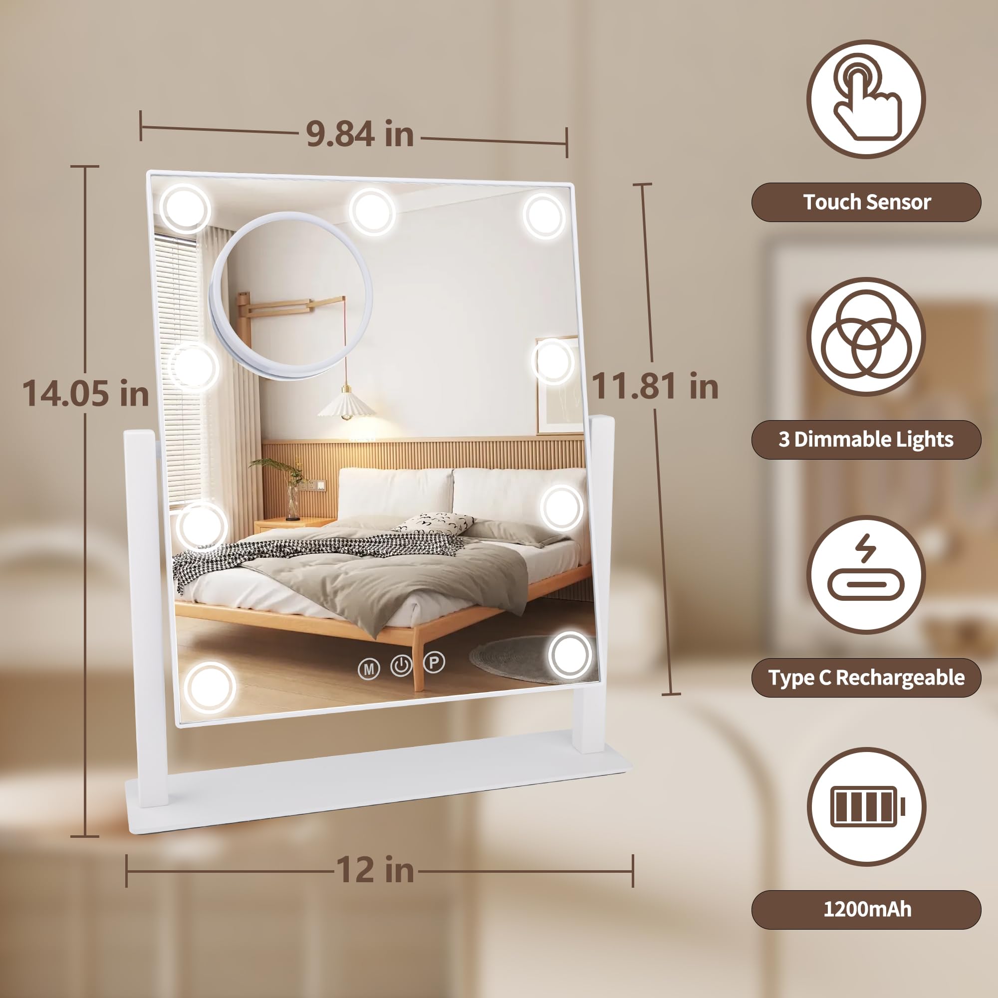 SLIMOON Lighted Makeup Mirror 14x12 Hollywood Vanity with 9 LEDs and Detachable 10x Magnifier