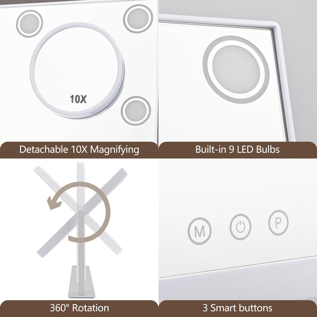 SLIMOON Lighted Makeup Mirror 14x12 Hollywood Vanity with 9 LEDs and Detachable 10x Magnifier