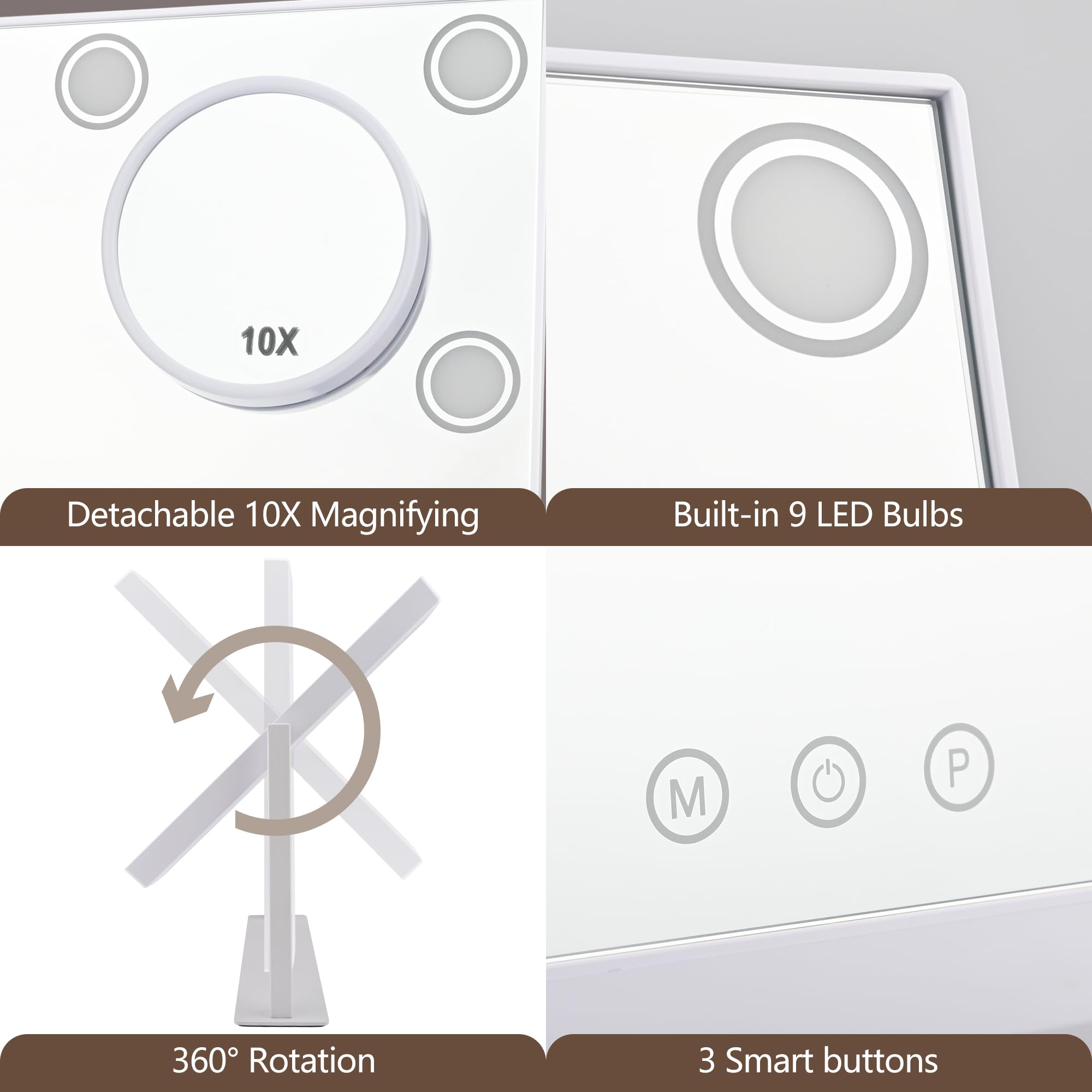 SLIMOON Lighted Makeup Mirror 14x12 Hollywood Vanity with 9 LEDs and Detachable 10x Magnifier