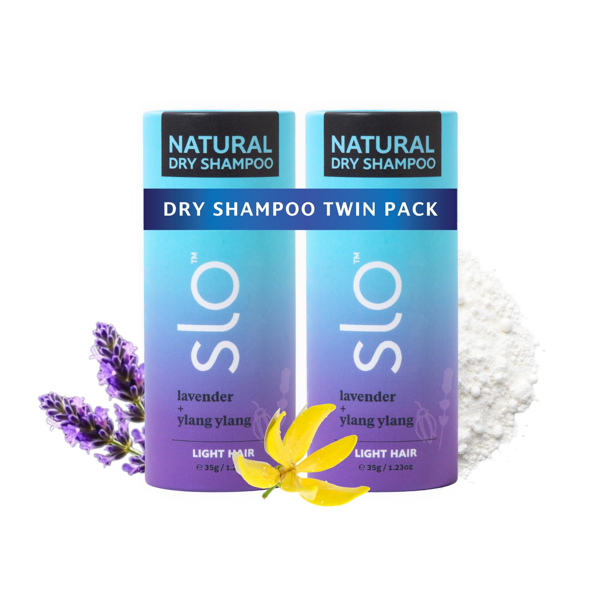 Slo Dry Shampoo Powder for Light Hair | Lavender + Ylang Ylang | 2 Pack (35g each) – All Natural, Vegan & Cruelty-Free, Talc-Free, Paper Packaging