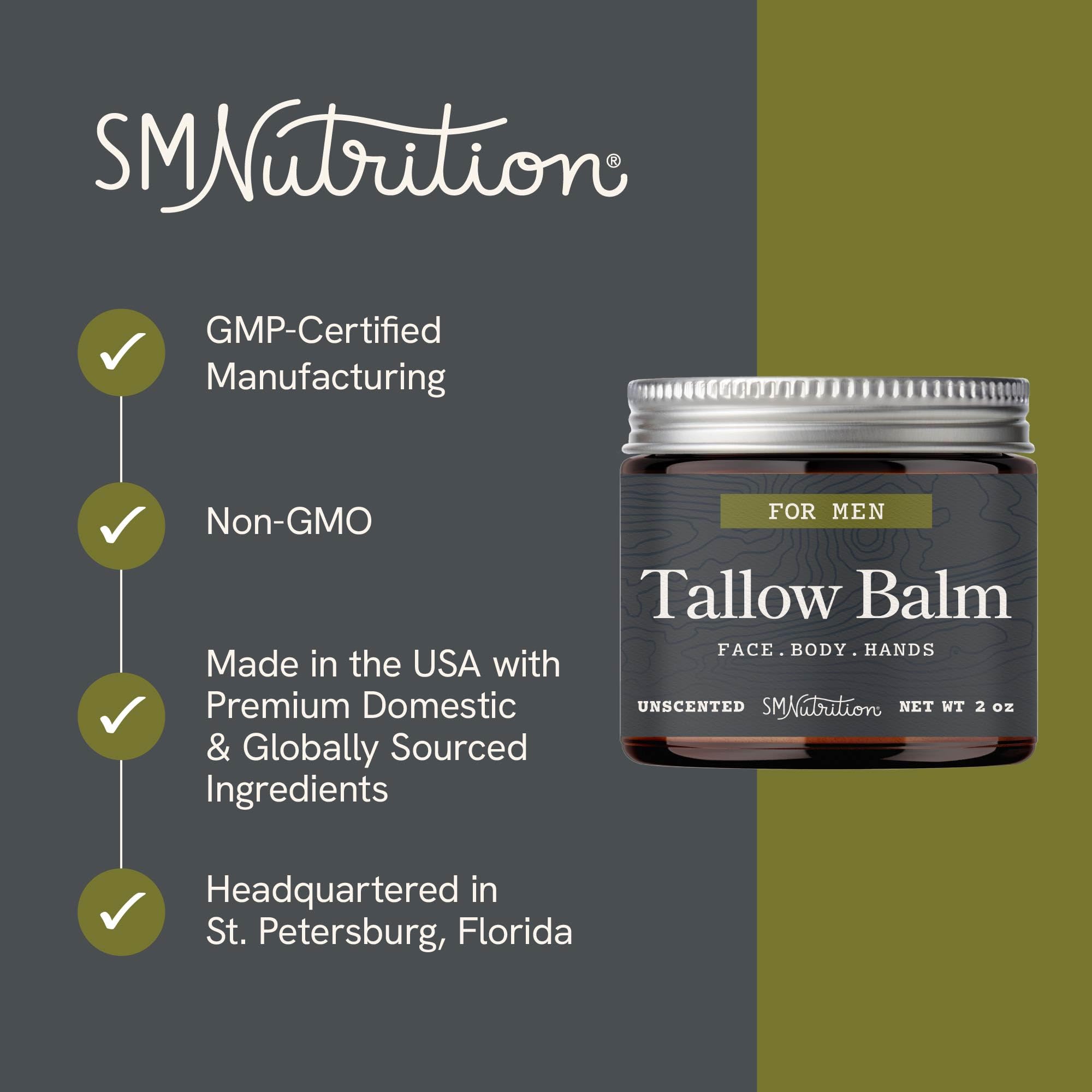 SMNutrition Beef Tallow Balm for Men – Unscented, Grass-Fed & Cruelty-Free Face & Body Moisturizer | 2 oz