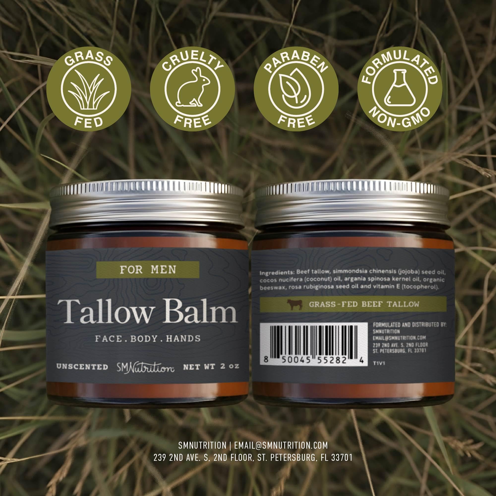 SMNutrition Beef Tallow Balm for Men – Unscented, Grass-Fed & Cruelty-Free Face & Body Moisturizer | 2 oz