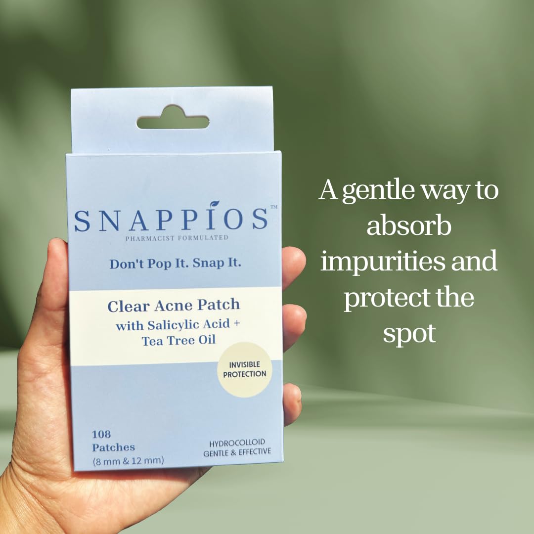 Snappios Clear Acne Patches – Pharmacist‑Formulated Hydrocolloid Patches with Salicylic Acid & Tea Tree Oil (108 Count, 8 mm & 12 mm)