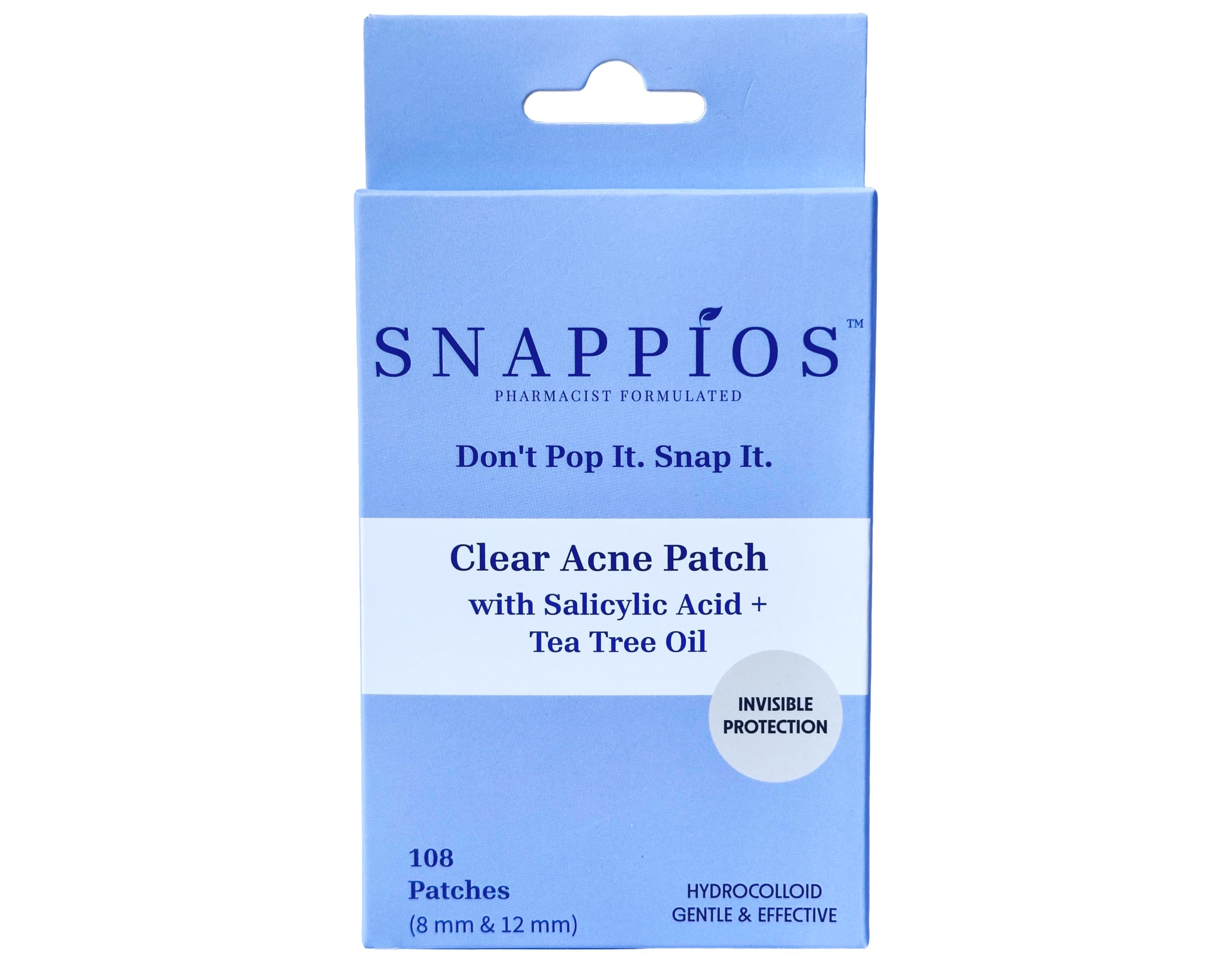 Snappios Clear Acne Patches – Pharmacist‑Formulated Hydrocolloid Patches with Salicylic Acid & Tea Tree Oil (108 Count, 8 mm & 12 mm)
