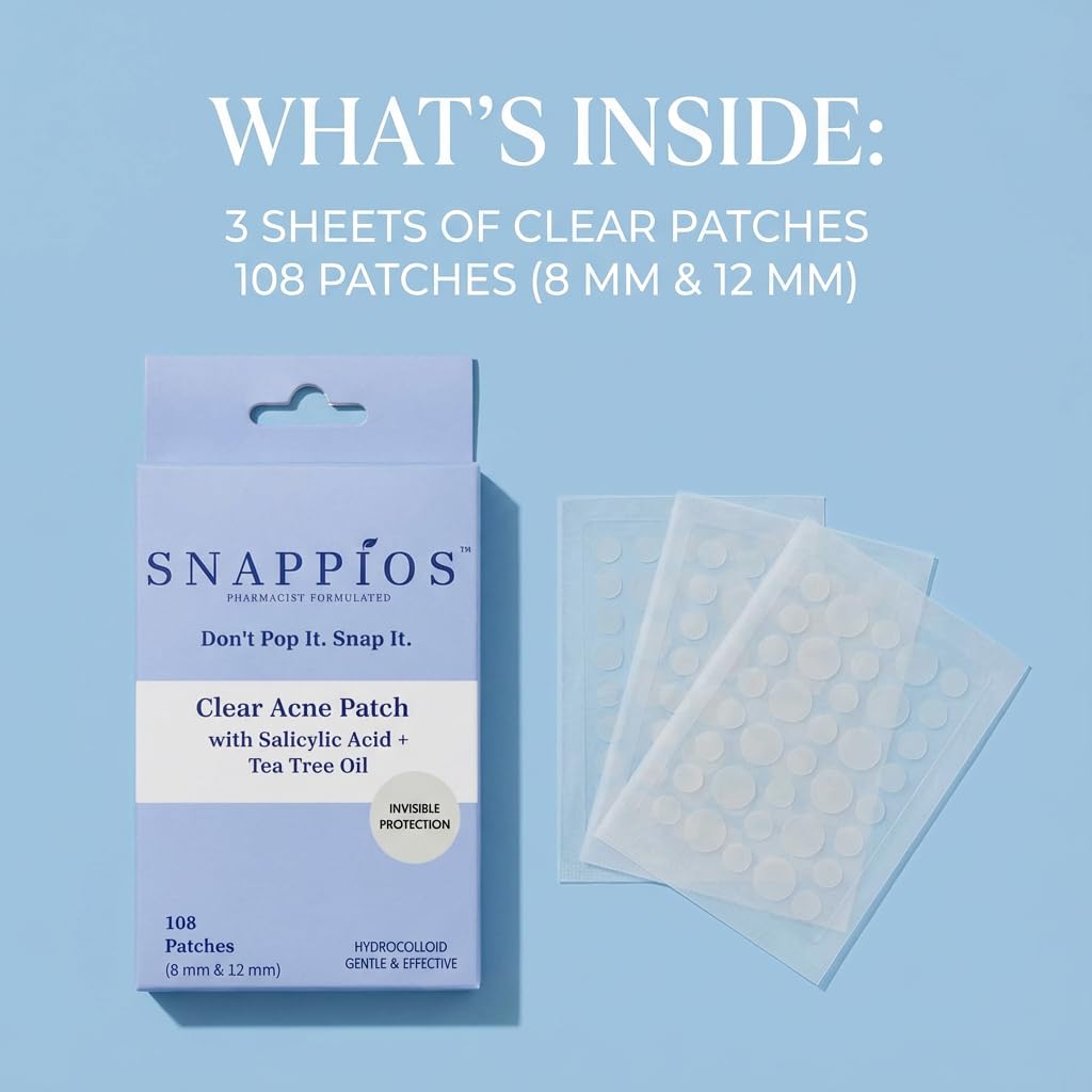 Snappios Clear Acne Patches – Pharmacist‑Formulated Hydrocolloid Patches with Salicylic Acid & Tea Tree Oil (108 Count, 8 mm & 12 mm)