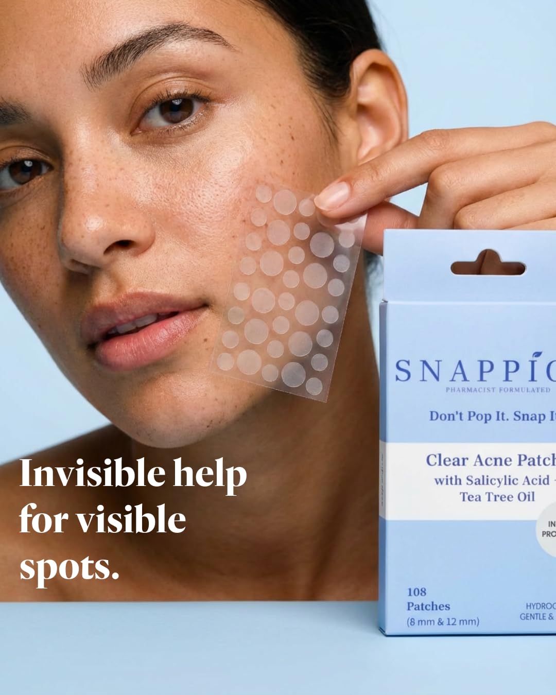 Snappios Clear Acne Patches – Pharmacist‑Formulated Hydrocolloid Patches with Salicylic Acid & Tea Tree Oil (108 Count, 8 mm & 12 mm)
