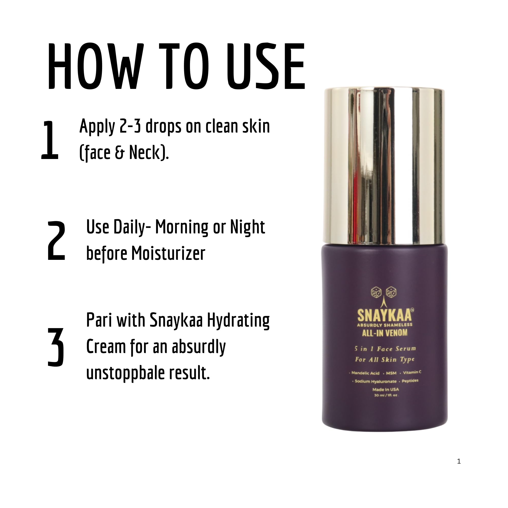 SNAYKAA Face Serum Niacinamide + Vitamin C + Hyaluronic Acid & Peptides – Brightening & Hydration | Made in USA