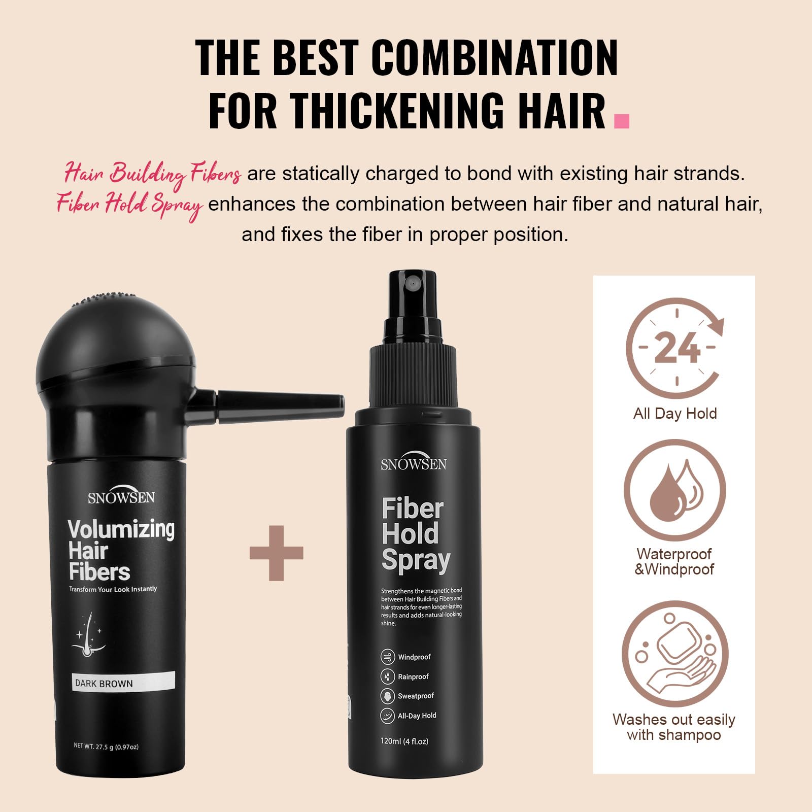 SNOWSEN Hair Building Fibers for Thinning Hair – 27.5g Dark Brown with Applicator Pump
