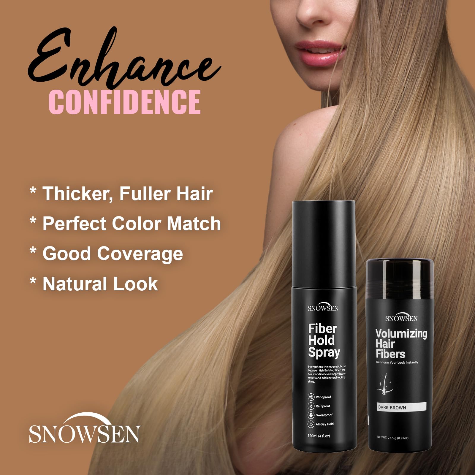 SNOWSEN Hair Building Fibers for Thinning Hair – 27.5g Dark Brown with Applicator Pump