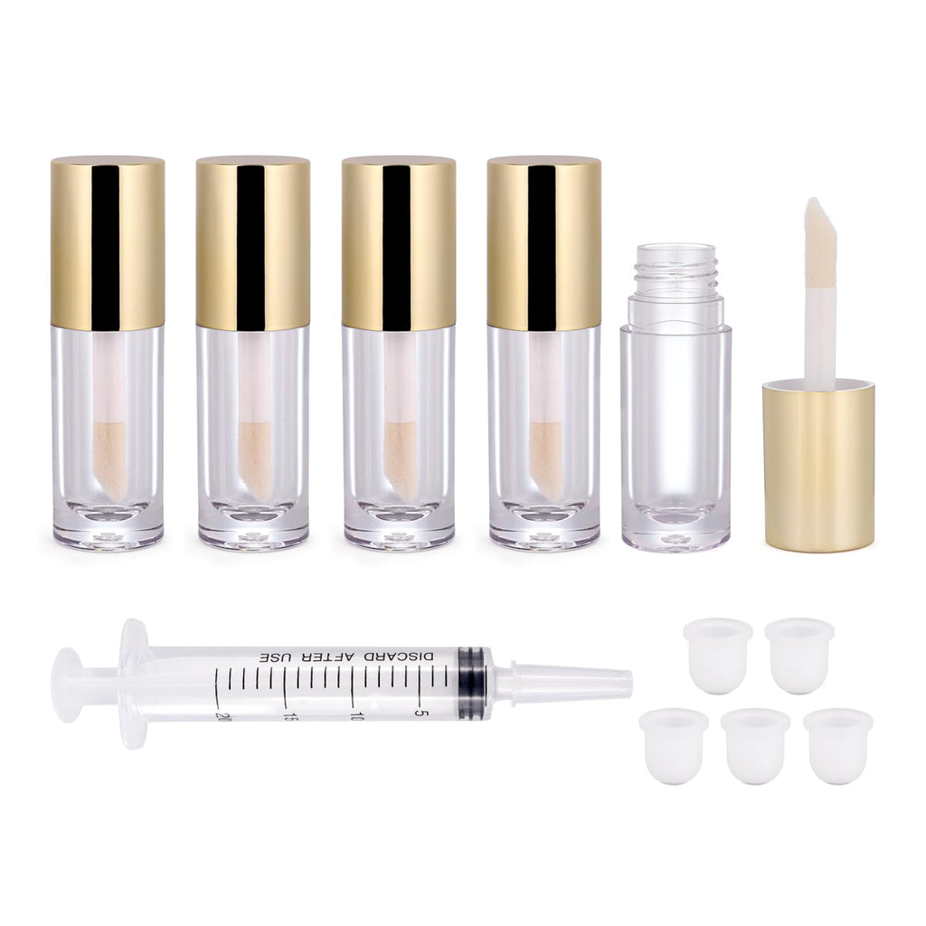 Snowso 5-Pack Lip Gloss Tubes with Big Doe Foot Wand – Clear 6ml Empty Containers for DIY Lip Gloss (Gold)