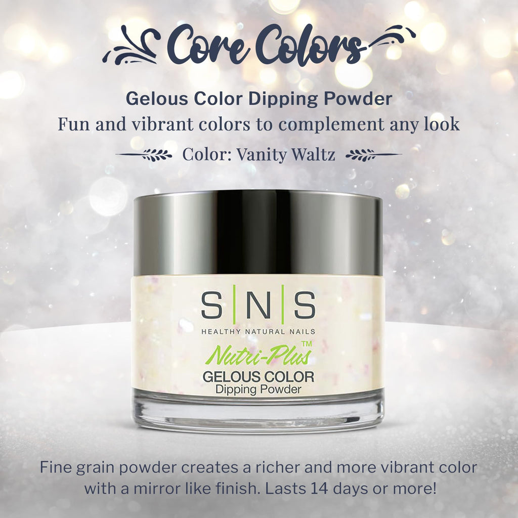 SNS Nail Dip Powder Vanity Waltz - White, Pastel/Cream & Glitter (1.5oz) | 14-Day Wear, Low-Odor, No UV Lamp