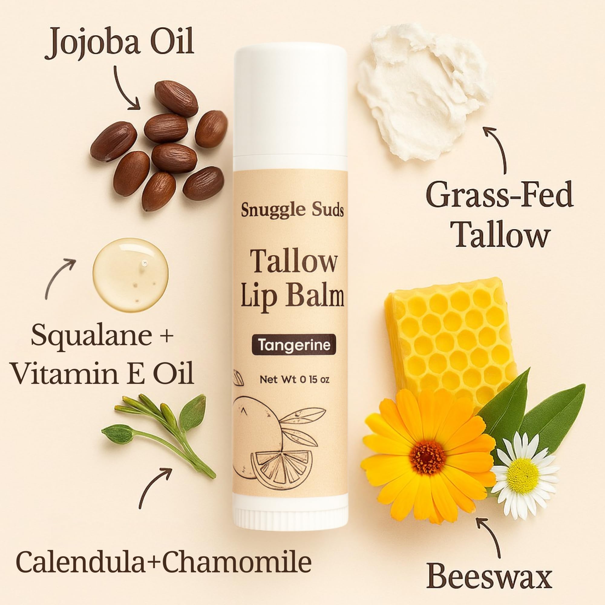 Snuggle Suds Grass-Fed Beef Tallow Lip Balm 3-Pack – Jojoba & Squalane, Chamomile & Calendula, Tangerine
