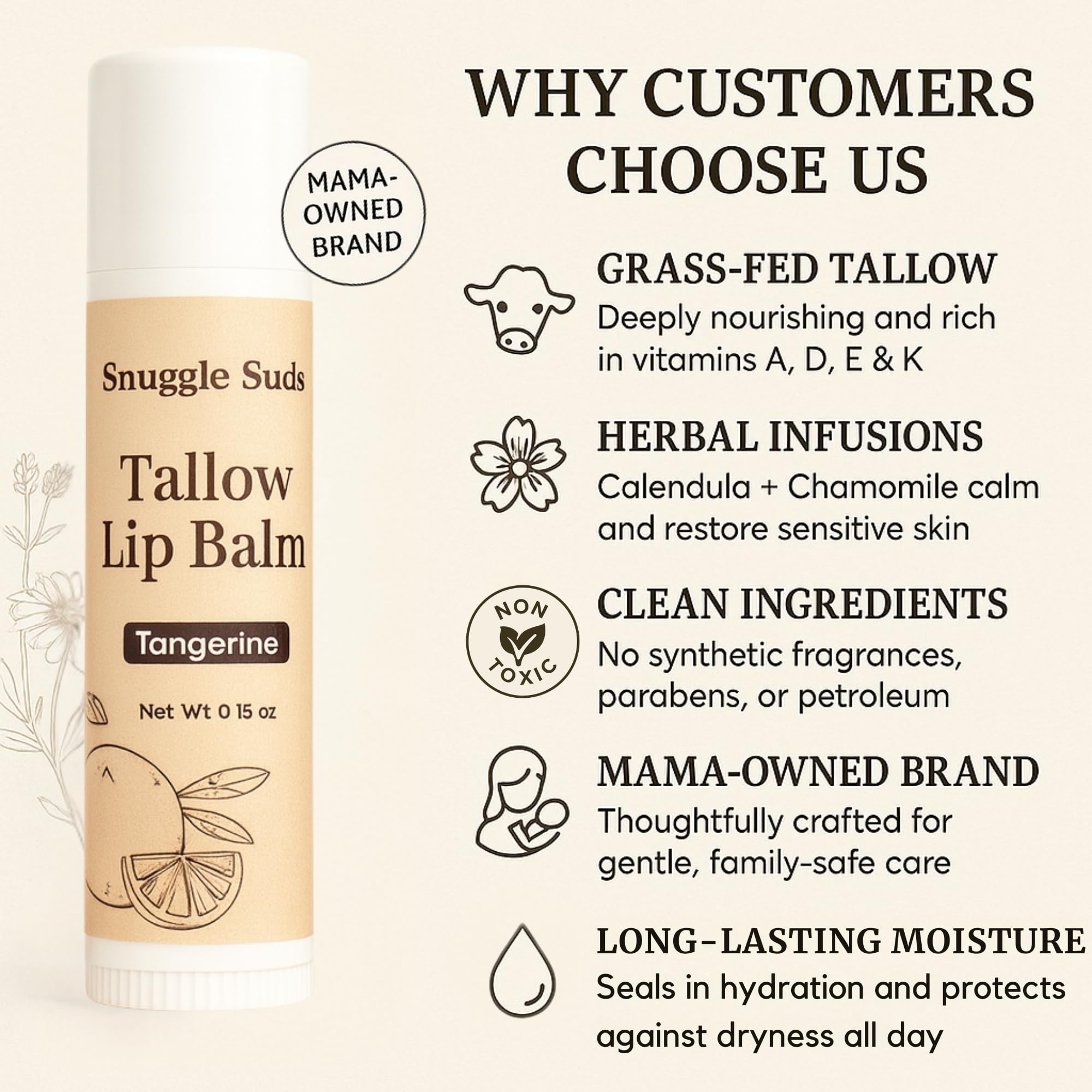 Snuggle Suds Grass-Fed Beef Tallow Lip Balm 3-Pack – Jojoba & Squalane, Chamomile & Calendula, Tangerine
