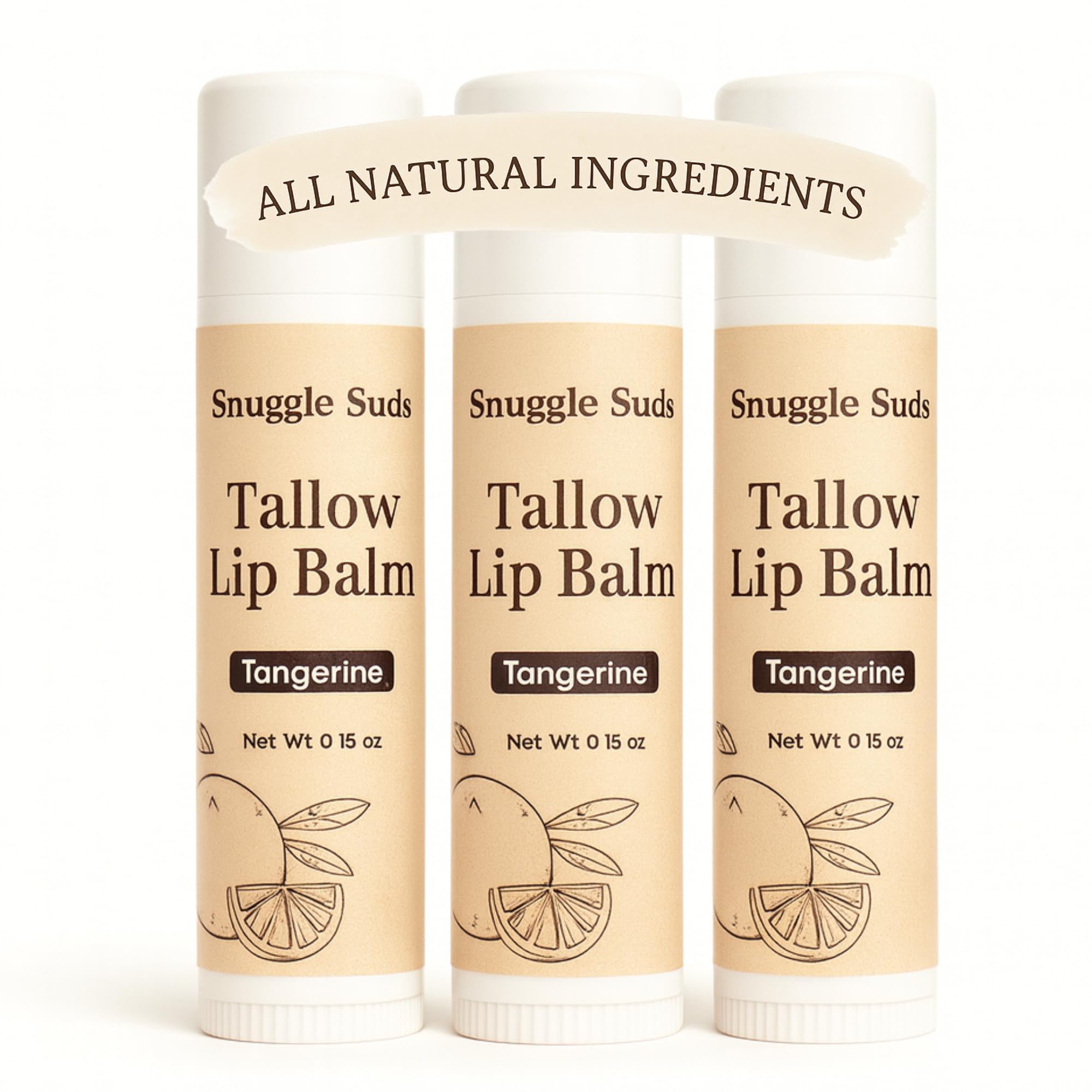 Snuggle Suds Grass-Fed Beef Tallow Lip Balm 3-Pack – Jojoba & Squalane, Chamomile & Calendula, Tangerine