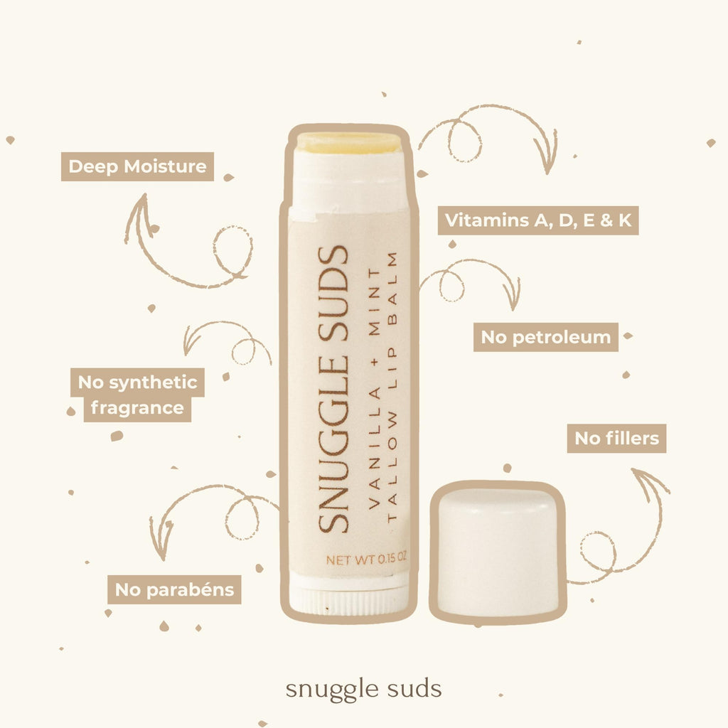 Snuggle Suds Grass-Fed Tallow Lip Balm 3-Pack – Vanilla Mint, Jojoba & Squalane
