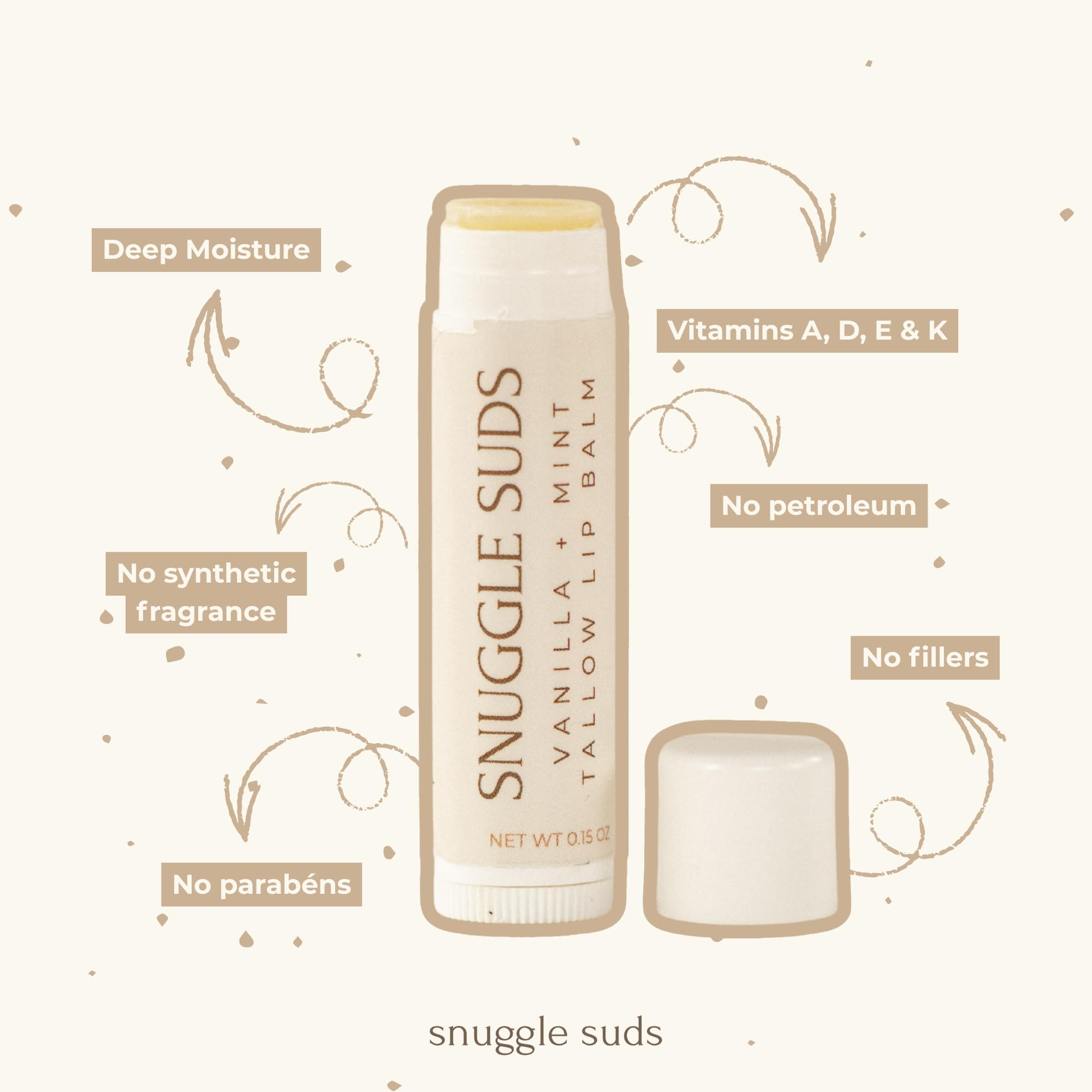Snuggle Suds Grass-Fed Tallow Lip Balm 3-Pack – Vanilla Mint, Jojoba & Squalane