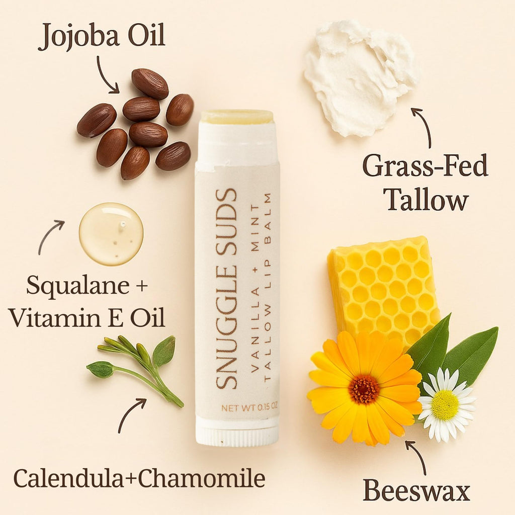 Snuggle Suds Grass-Fed Tallow Lip Balm 3-Pack – Vanilla Mint, Tangerine, Unscented