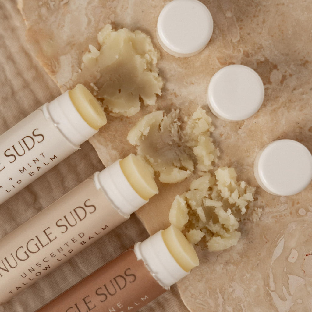 Snuggle Suds Grass-Fed Tallow Lip Balm 3-Pack – Vanilla Mint, Tangerine, Unscented