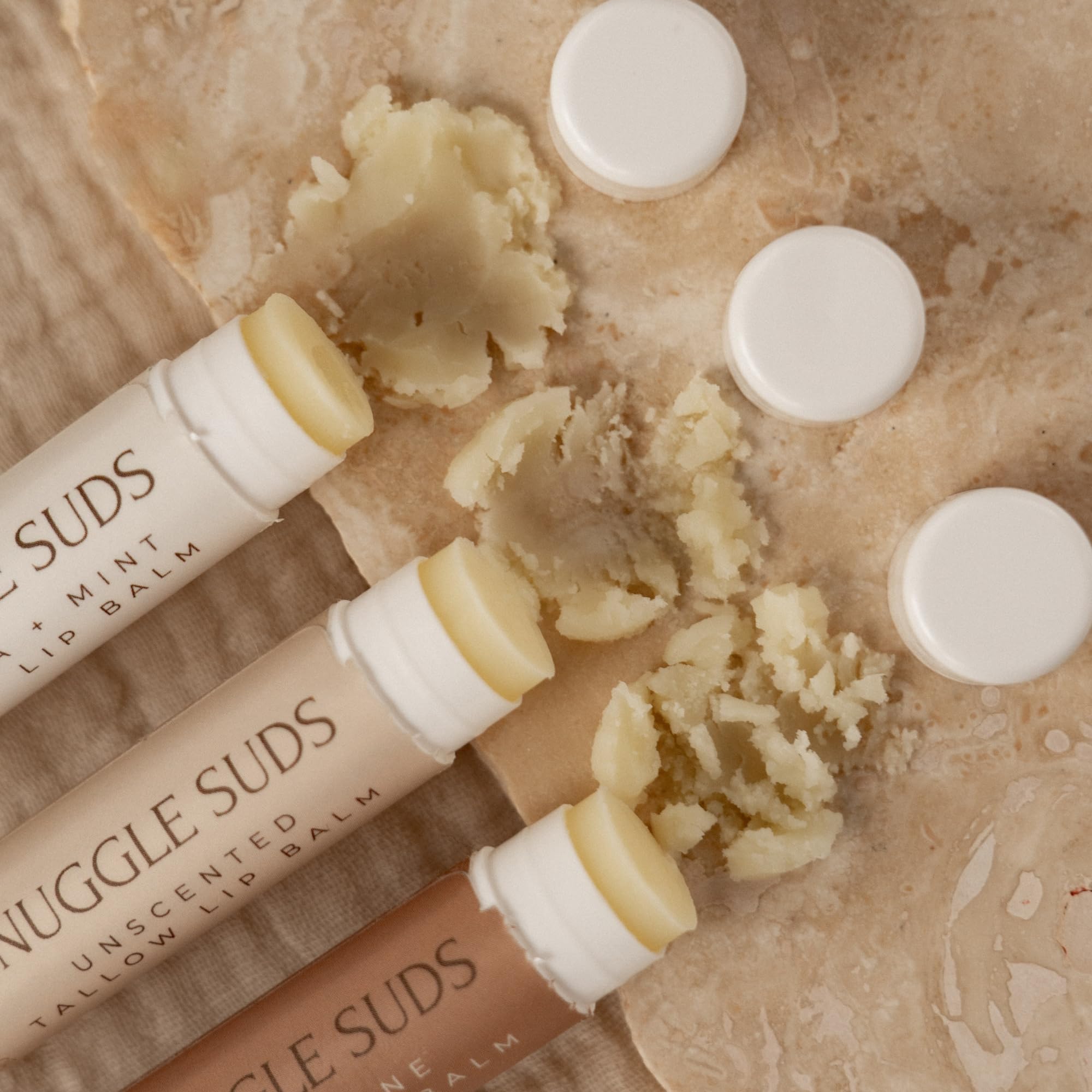 Snuggle Suds Grass-Fed Tallow Lip Balm 3-Pack – Vanilla Mint, Tangerine, Unscented