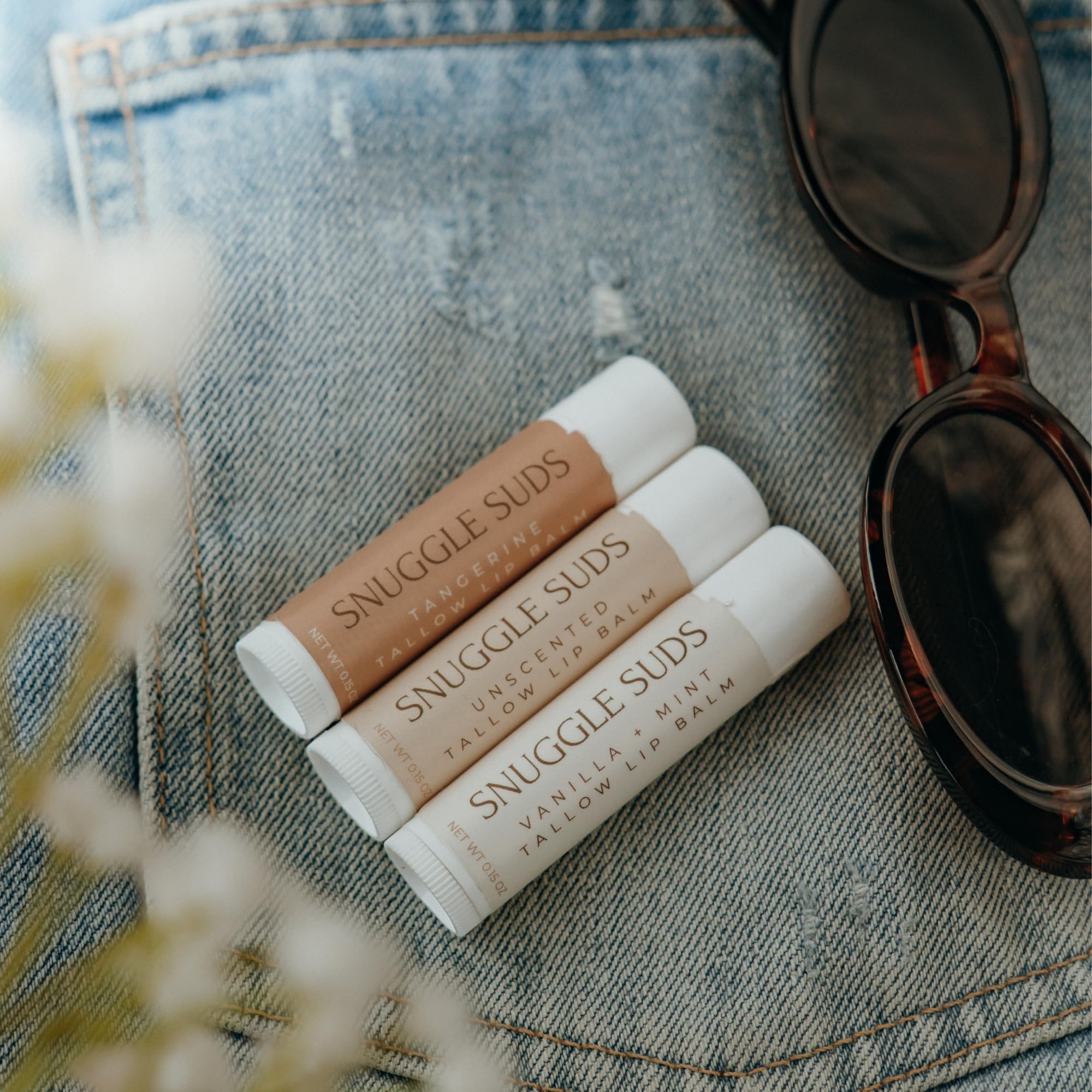 Snuggle Suds Grass-Fed Tallow Lip Balm 3-Pack – Vanilla Mint, Tangerine, Unscented