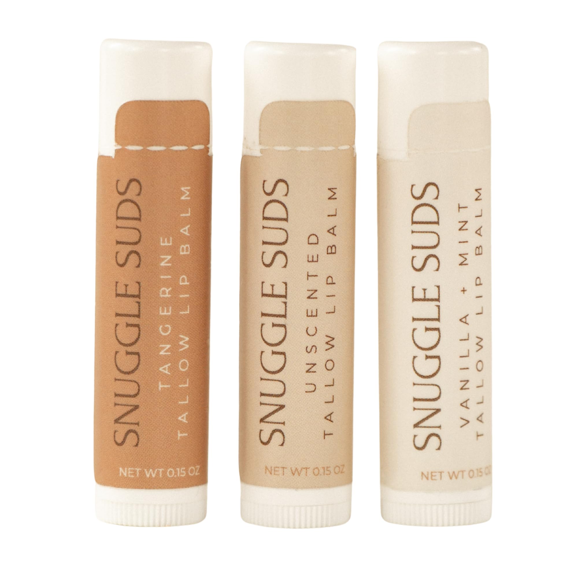 Snuggle Suds Grass-Fed Tallow Lip Balm 3-Pack – Vanilla Mint, Tangerine, Unscented
