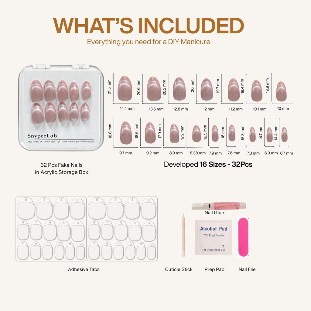 SnypeeLab Cat Eye Press-On Nails – Almond, French Tip, 32-Piece Kit