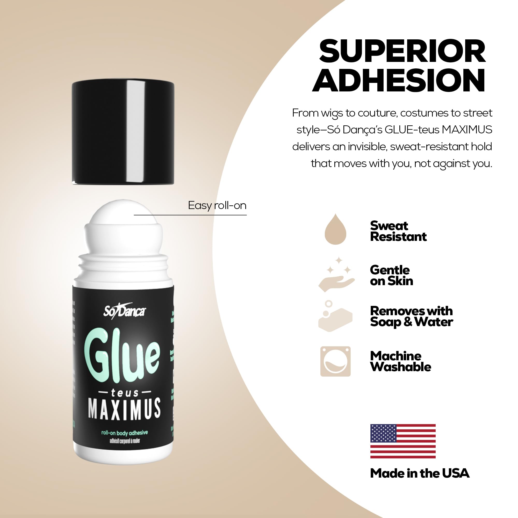 So Danca Glue-teus Maximus Roll-On Body Adhesive – Hypoallergenic & Sweat-Resistant for Dancers & Costumes