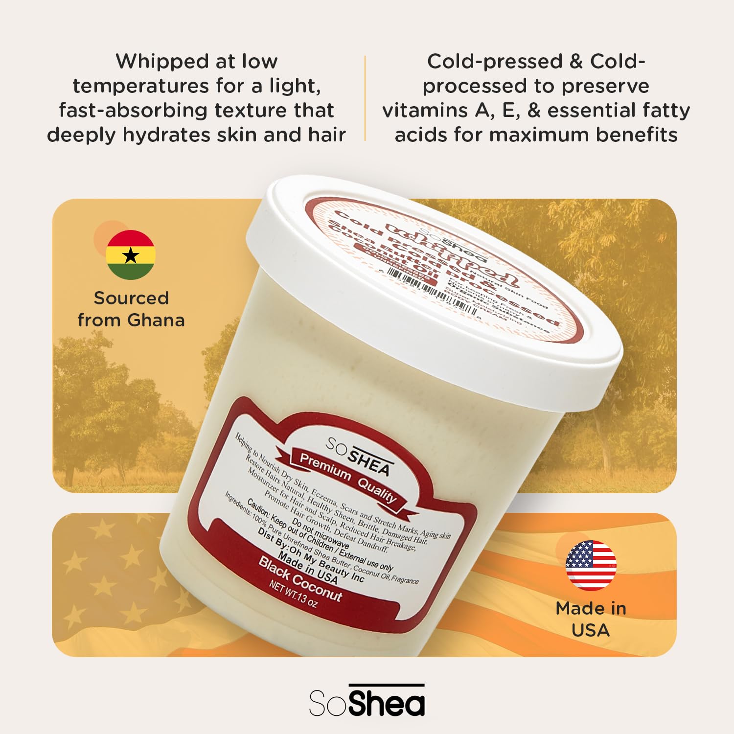 SoShea Whipped Shea Butter Unscented Ivory Original – 11.5oz, Cold-Pressed, Vegan, Paraben-Free