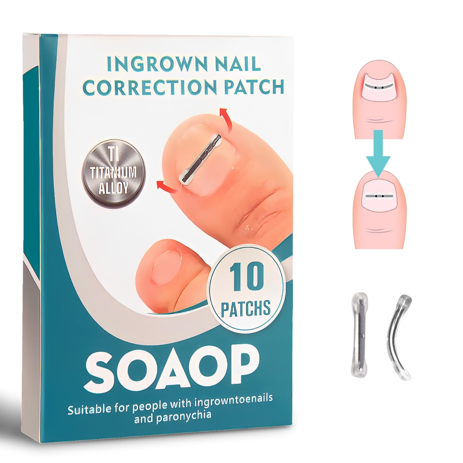 SOAOP Titanium Ingrown Toenail Tool Kit – 10-Piece Curved Nail Corrector (0.59–0.79 in)