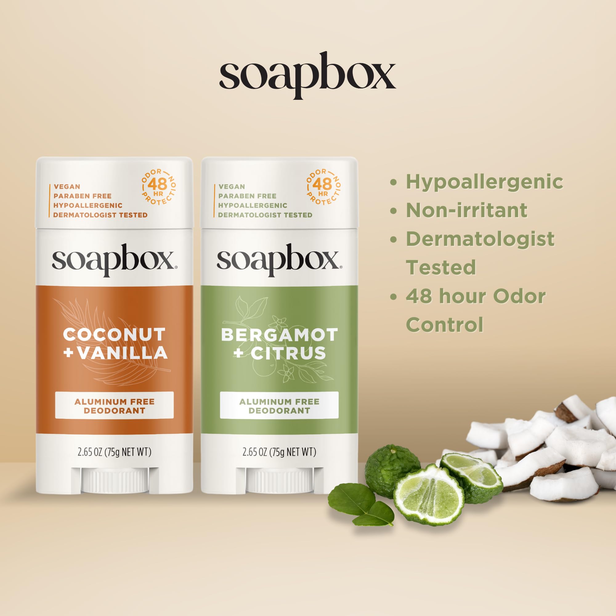 Soapbox Aluminum Free Deodorant 2-Pack – Bergamot & Citrus + Coconut & Vanilla | Natural, Aluminum-Free