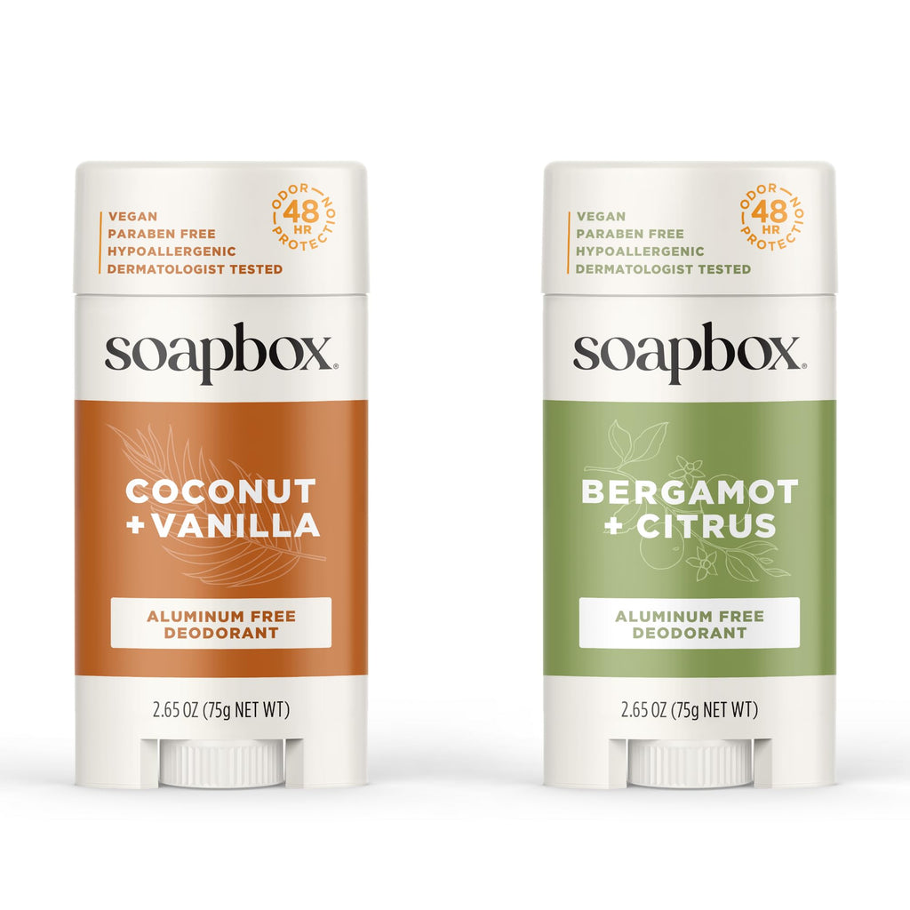 Soapbox Aluminum Free Deodorant 2-Pack – Bergamot & Citrus + Coconut & Vanilla | Natural, Aluminum-Free