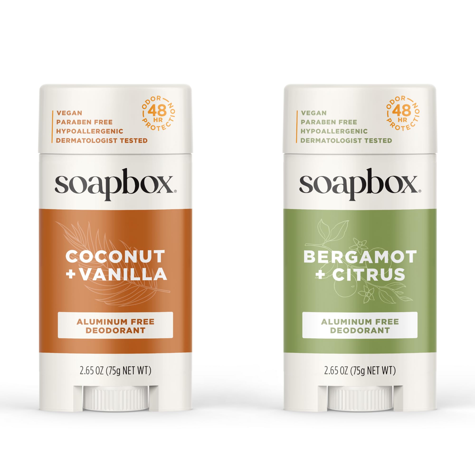Soapbox Aluminum Free Deodorant 2-Pack – Bergamot & Citrus + Coconut & Vanilla | Natural, Aluminum-Free