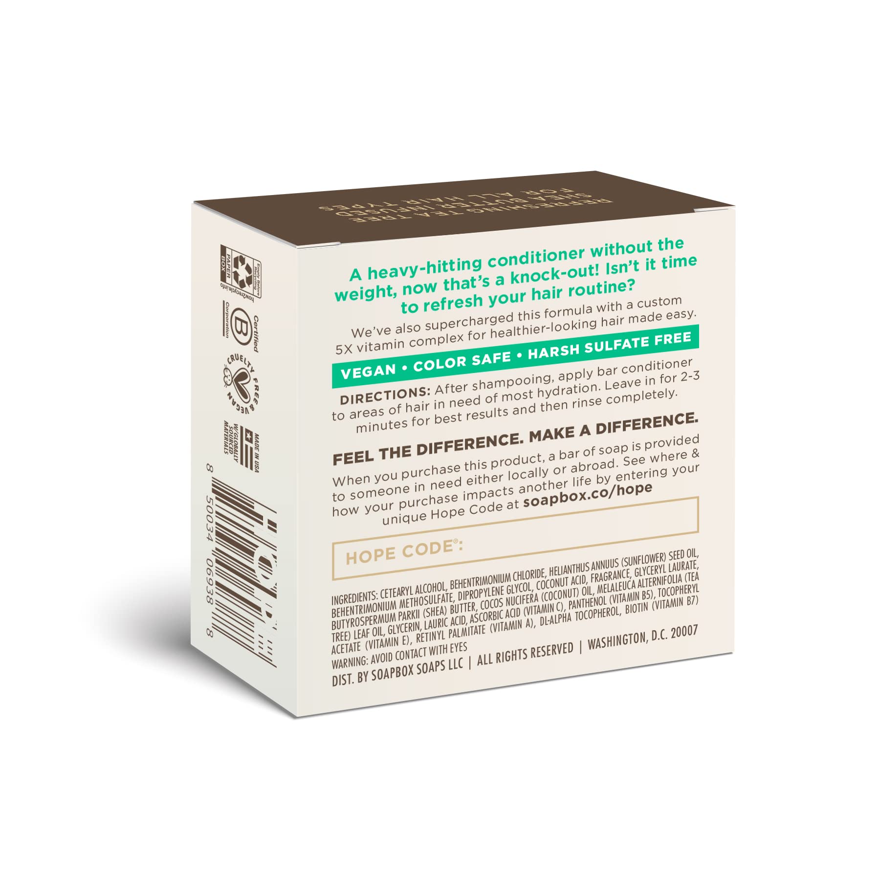 Soapbox Hair Conditioner Bar with Tea Tree Oil – Purify Dry, Damaged Hair (2oz) • Vegan, Sulfate Free