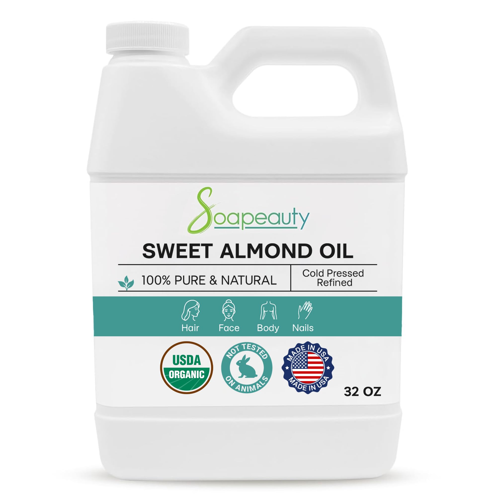 Soapeauty Sweet Almond Oil – USDA Organic, Cold-Pressed Carrier Oil, 32 oz