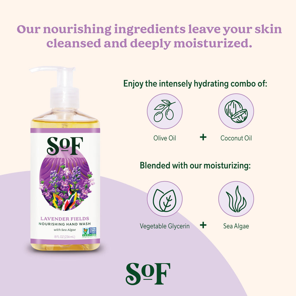 South Of France SoF Nourishing Hand Wash – Lavender Fields with Sea Algae, Coconut & Olive Oil – Vegan, Non-GMO, 3×8 oz