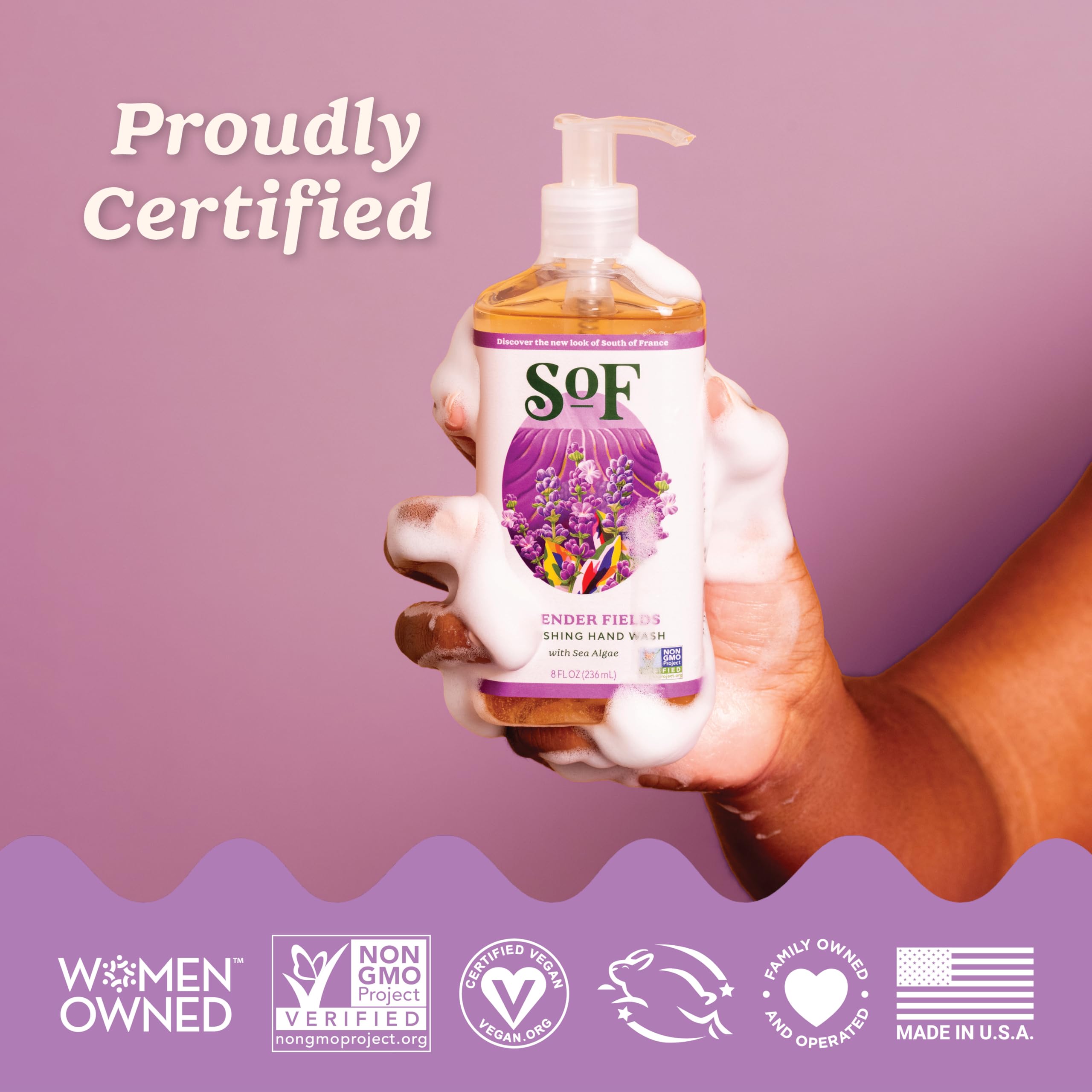 South Of France SoF Nourishing Hand Wash – Lavender Fields with Sea Algae, Coconut & Olive Oil – Vegan, Non-GMO, 3×8 oz