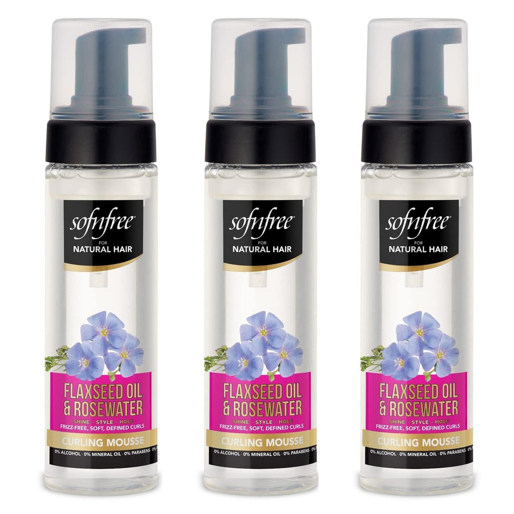 SOF N' FREE Curling Mousse with Flaxseed Oil & Rosewater – Natural Curl Definer Pack of 3 (6.76 fl oz each)