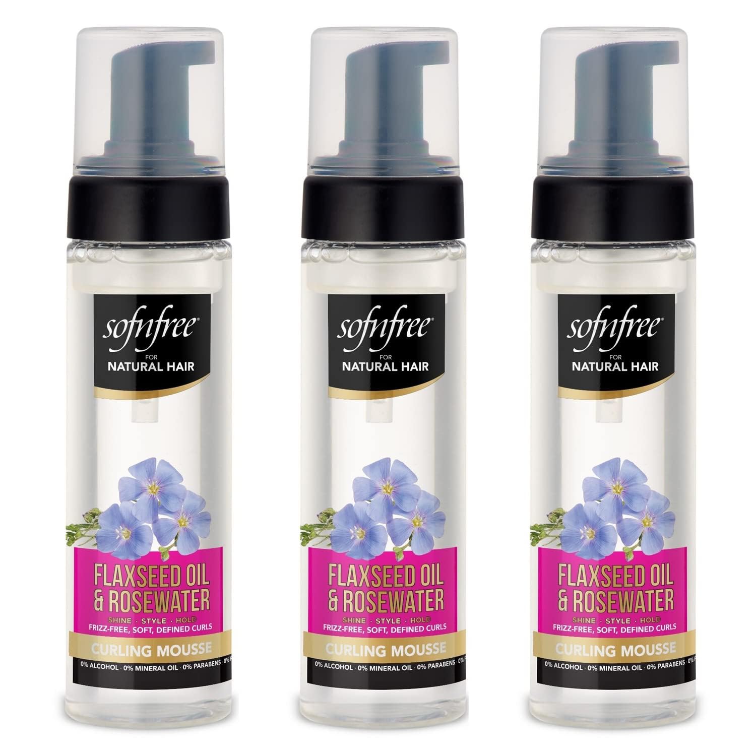 SOF N' FREE Curling Mousse with Flaxseed Oil & Rosewater – Natural Curl Definer Pack of 3 (6.76 fl oz each)