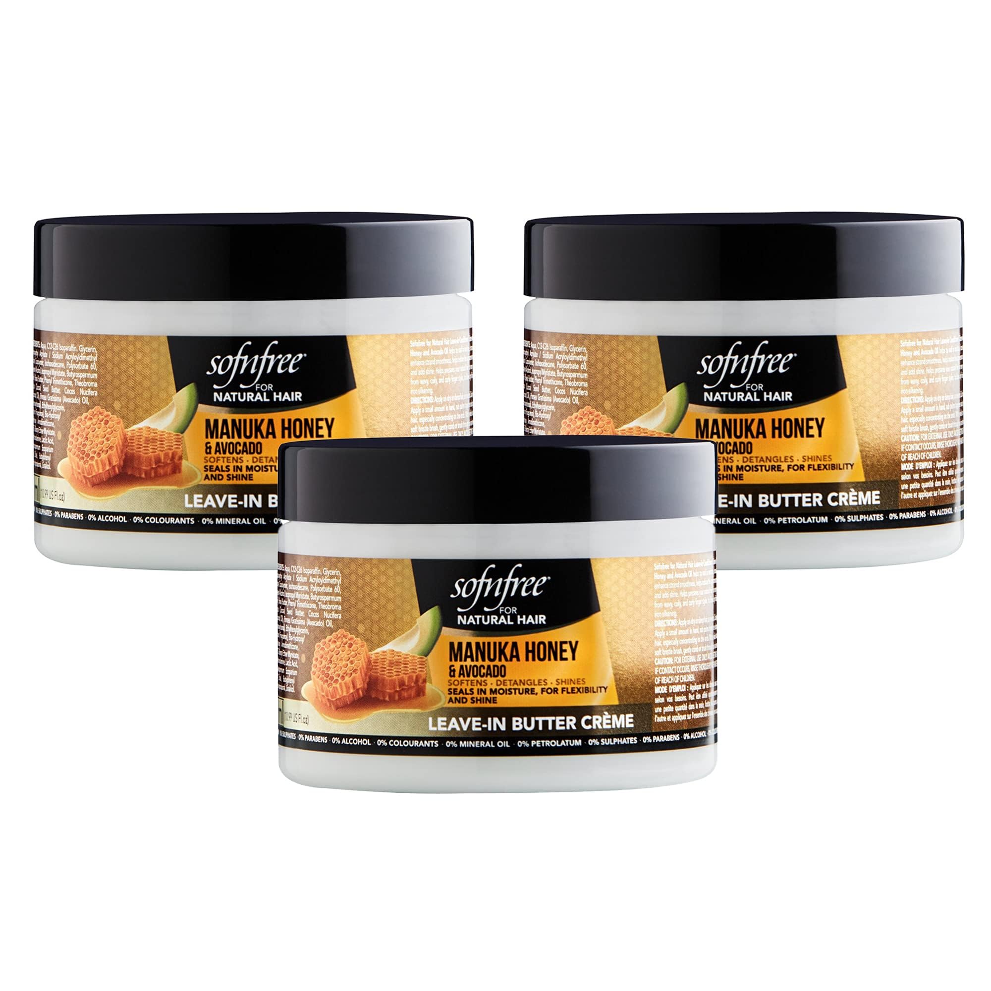 SOF N' FREE Leave-In Conditioner with Manuka Honey & Avocado – Natural Curl Moisturizer (11-fl-oz) Pack of 3