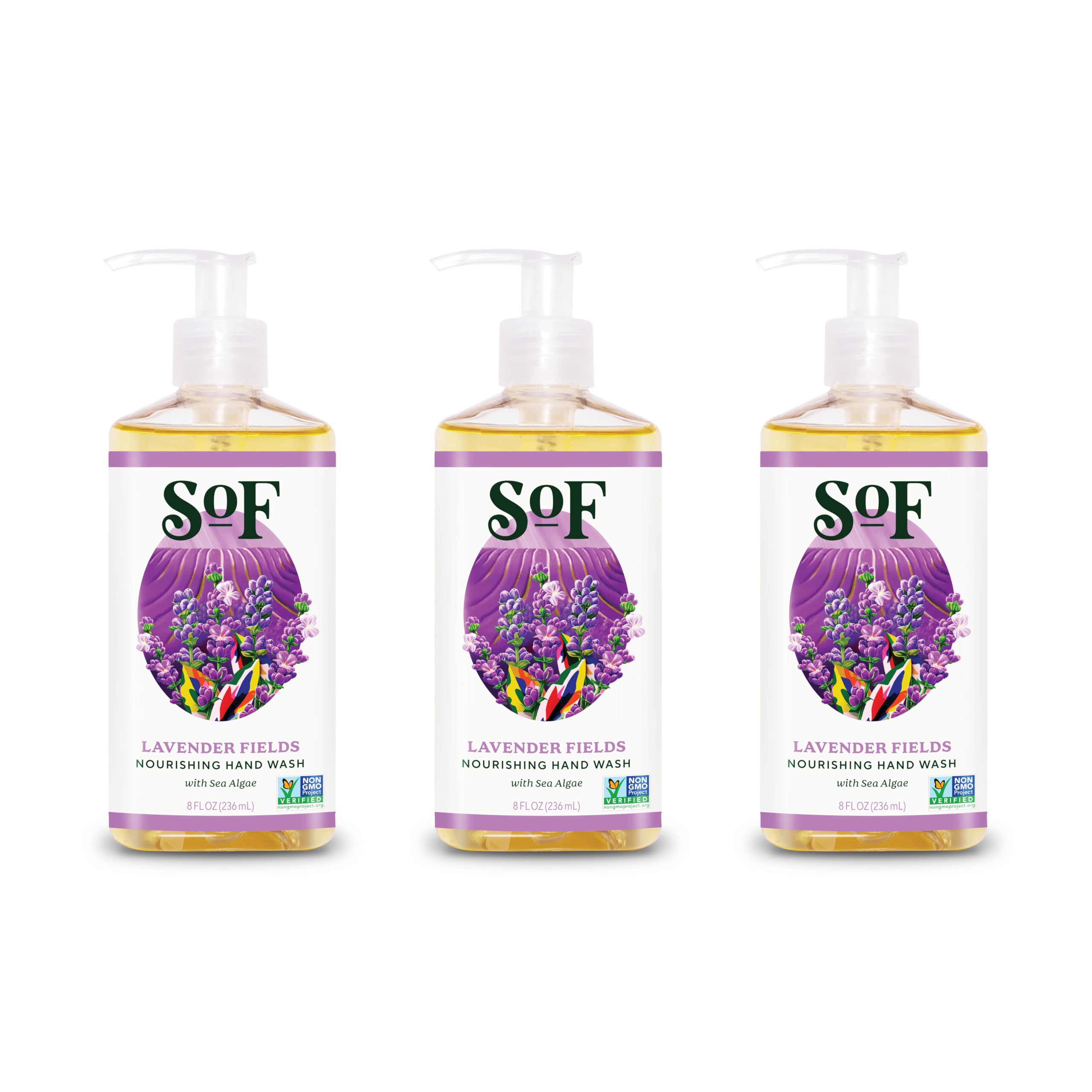 South Of France SoF Nourishing Hand Wash – Lavender Fields with Sea Algae, Coconut & Olive Oil – Vegan, Non-GMO, 3×8 oz