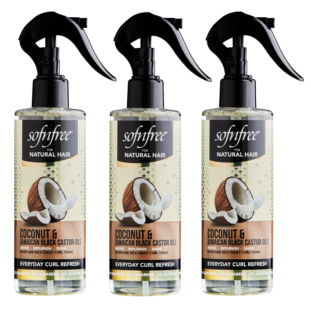 SOFNFREE Coconut & Jamaican Black Castor Oil Curl Refresher Spray – Everyday Moisture for Curly Hair (Pack of 3)