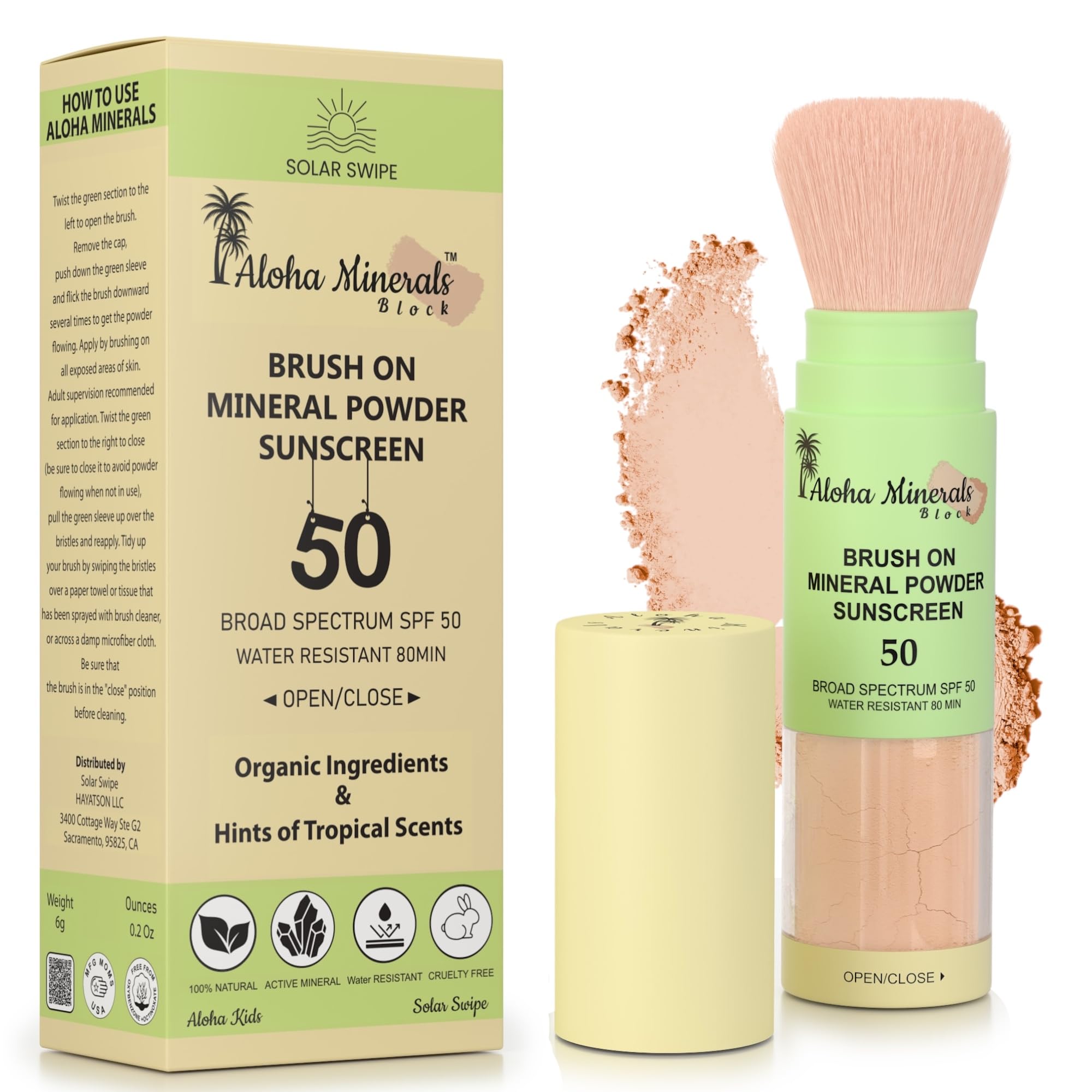 Solar Swipe Aloha Minerals Block — Brush-On SPF 50 Mineral Sunscreen for Face | Water-Resistant & Reef-Friendly