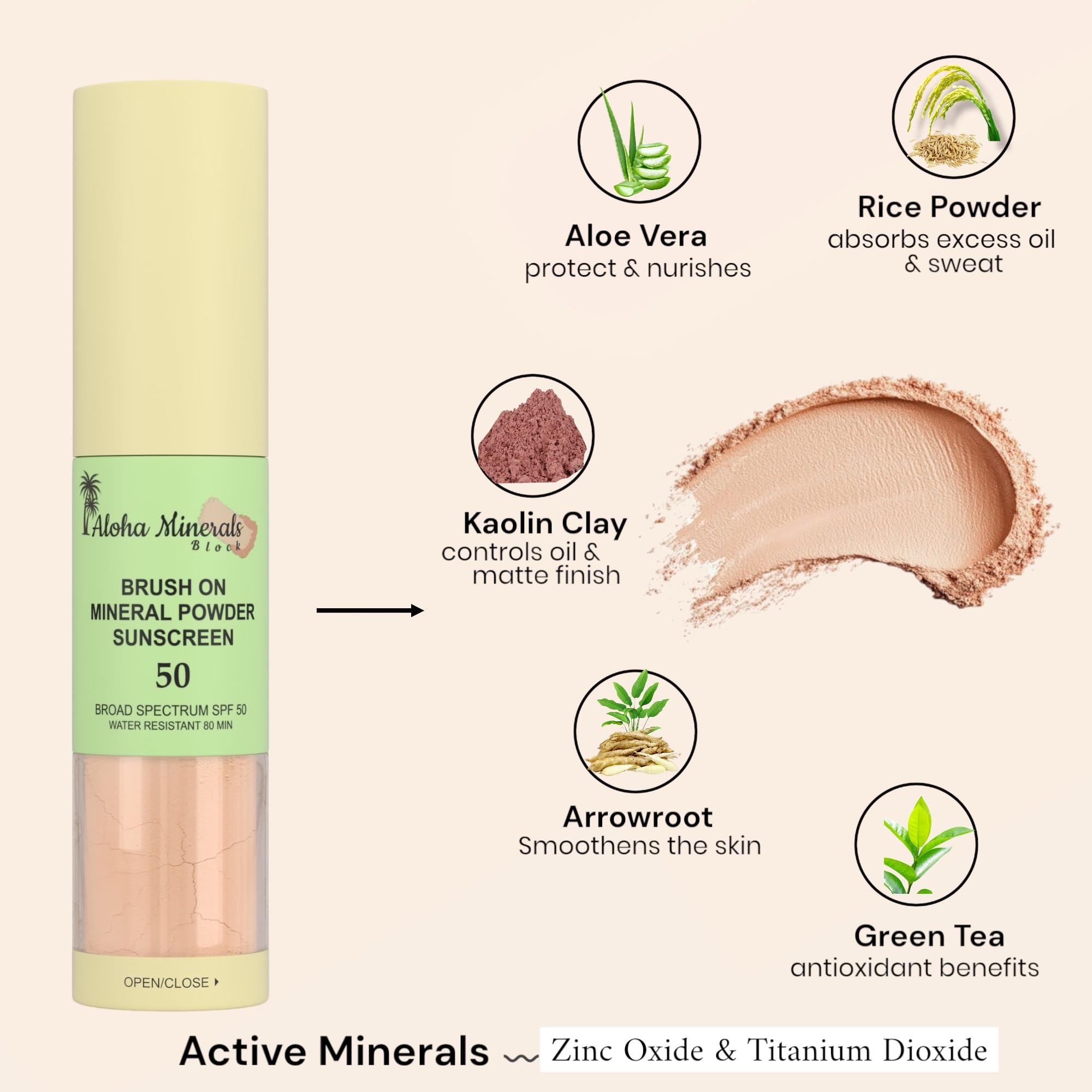 Solar Swipe Aloha Minerals Block — Brush-On SPF 50 Mineral Sunscreen for Face | Water-Resistant & Reef-Friendly