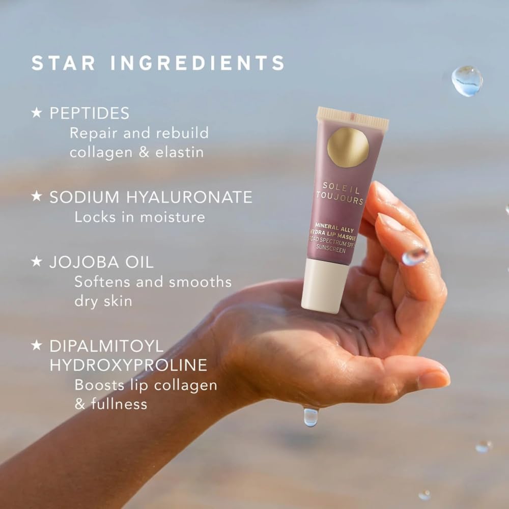 Soleil Toujours EcoSun Complex Mineral Lip Mask SPF 30 – Peptide-Infused Lip Treatment for Hydration, Collagen Support & Clear Mineral SPF