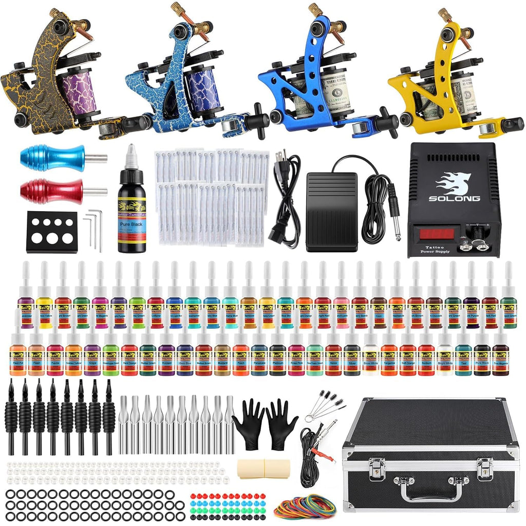 Solong Tattoo Complete Kit – 4 Pro Machines, 54 Inks, LCD Power TK453-US