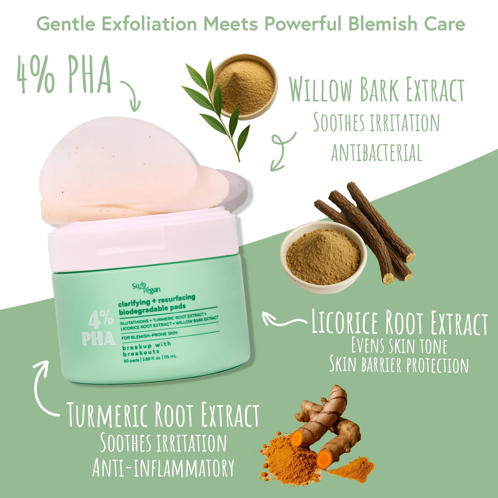 SoloVegan 4% PHA Toner Pads | Vegan Korean Skincare for Sensitive, Acne-Prone Skin - 60 ct