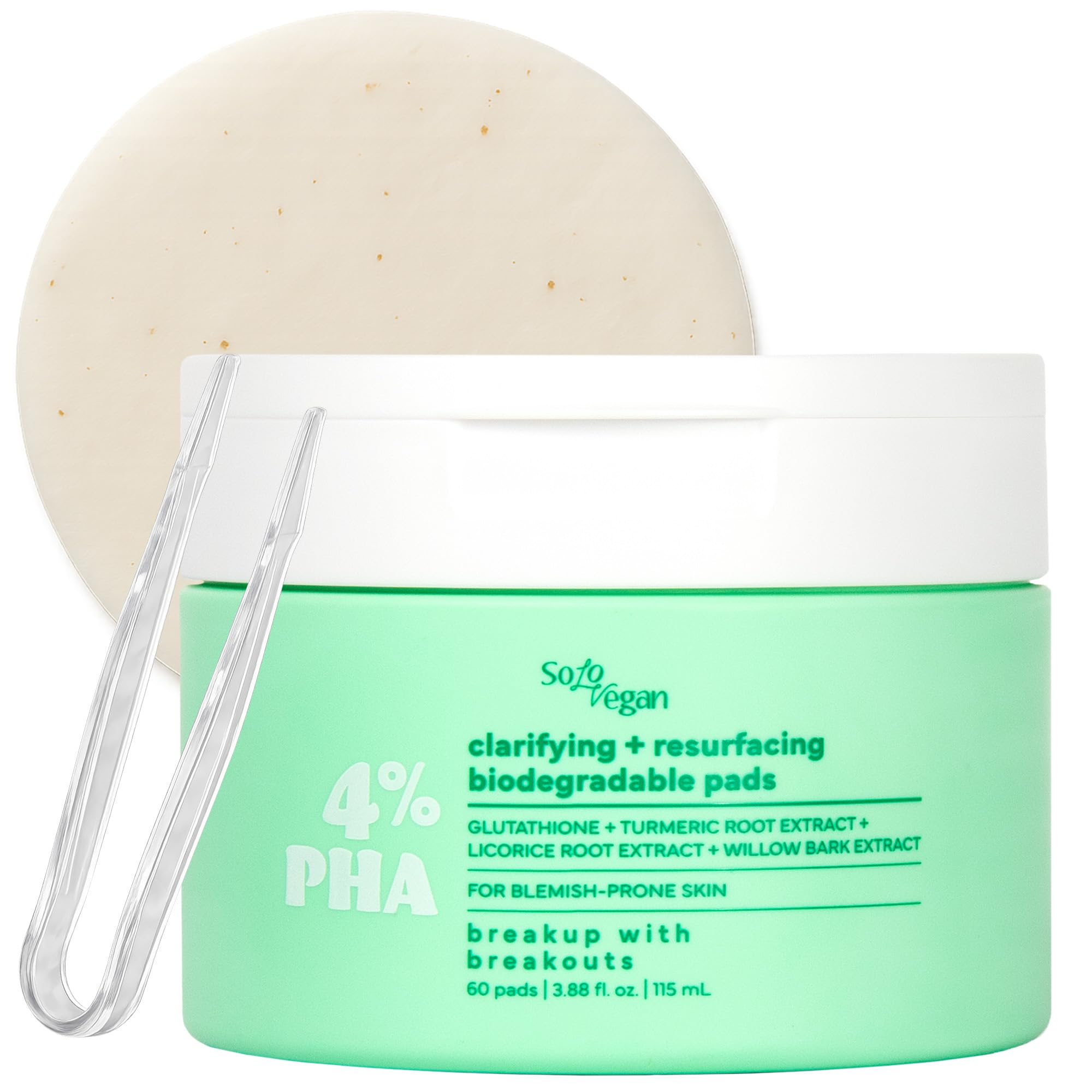 SoloVegan 4% PHA Toner Pads | Vegan Korean Skincare for Sensitive, Acne-Prone Skin - 60 ct